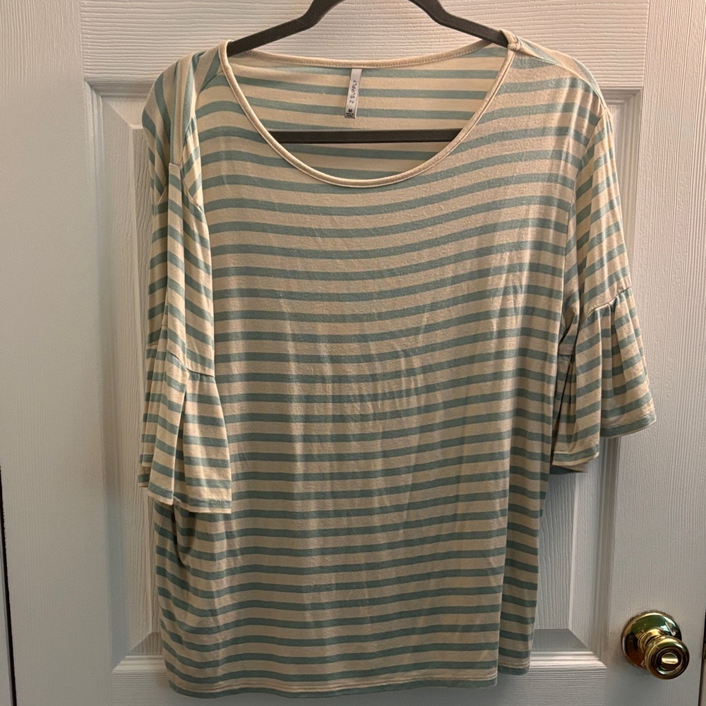 Z Supply Cream and Green Striped Long Sleeve Top